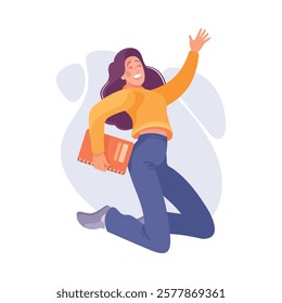 Cheerful Woman Student Character with Notebook Jump with Joy Vector Illustration