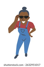 Cheerful woman in sunglasses wearing blue overalls and red shirt, flat graphic style on white background. Concept of confidence and casual fashion. Vector illustration