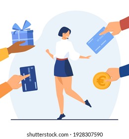 Cheerful woman surrounded by hands with gifts. Card, box, money flat vector illustration. Wealth and popularity concept for banner, website design or landing web page