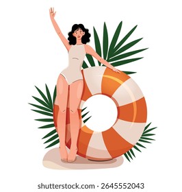 Cheerful woman in swimsuit with lifebuoy on the beach, surrounded by tropical leaves, enjoying summer and sunshine. Ideal for summer lifestyle and tropical-themed projects.