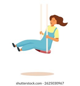 Cheerful woman is swinging high in the air, enjoying the feeling of freedom and movement