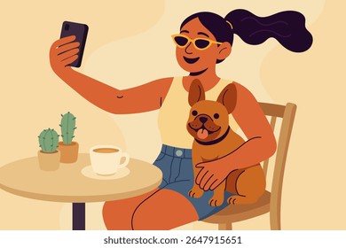 Cheerful woman taking selfie with French bulldog while drinking coffee