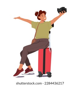 Cheerful Woman Taking A Selfie Sitting on her Luggage Suitcase, Documenting Journey In Style. Female Character on Vacation, Blogger Traveler with Package sharing Photo. Cartoon Vector Illustration