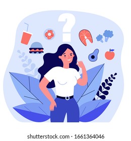 Cheerful woman thinking over her snack and choosing between junk and healthy food. Vector illustration for health, choice, diet, healthy vs unhealthy concept