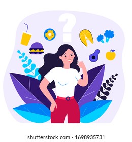 Cheerful woman thinking over her snack and choosing between junk and healthy food. Vector illustration for health, choice, diet, healthy vs unhealthy concept