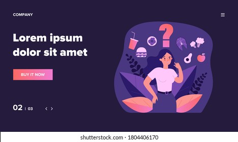 Cheerful woman thinking over her snack and choosing between junk and healthy food. Vector illustration for health, choice, diet, healthy vs unhealthy concept