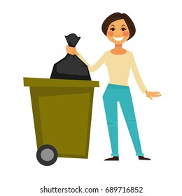 Cheerful woman throws away garbage bag in special bucket