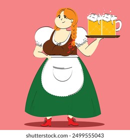 Cheerful woman in traditional Bavarian attire, waitress holding tray with two frothy beer mugs, serving drinks during festival party. Concept of Oktoberfest, festival, holiday, brewery. Vector