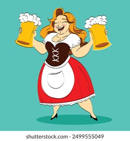 Mujer alegre en atuendo tradicional bávaro, camarera que sirve dos tazas de cerveza espumosas sobre fondo verde. Concepto de Oktoberfest, festival, vacaciones, cervecería. Ilustración vectorial