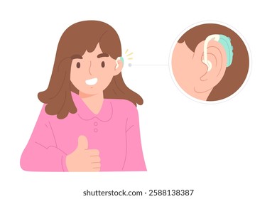 Cheerful woman is using BTE hearing aids and smiling with closeup ear with hearing aid picture. Concept of deaf, listening, sound, medical equipment, device, health care. Flat vector illustration.