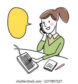 Cheerful woman using computer and talking on the phone. Cute businesswoman talking on the phone. Woman working efficiently in the workplace. Speech balloon included. Outline and doodle style vector.