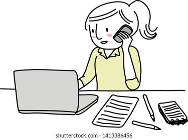 Cheerful woman using computer and talking on the phone at her desk. Cute businesswoman talking on the phone while looking at laptop screen. Happy woman working efficiently in the workplace. 