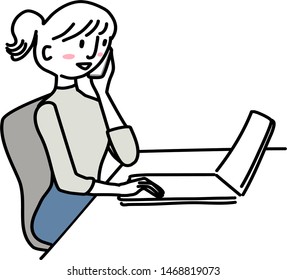 Cheerful woman using computer and talking on the phone at her desk. Cute businesswoman talking on the phone while looking at laptop screen. Happy woman working on computer while talking on phone.