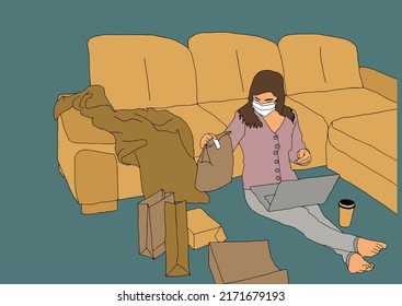 Fröhliche Frau, die Smartphone verwendet, während sie in einer eleganten Pose auf gelben bequemen Sofa sitzt. Lifestyle-Konzept. Vektorgrafik
