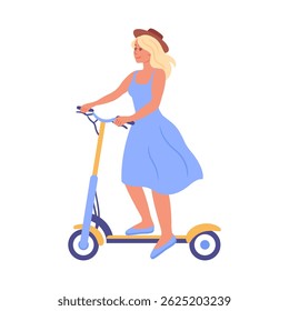 A cheerful woman in a vibrant blue dress and a stylish brown hat rides a scooter, exuding joy and freedom. Her hair flows in the wind, capturing the essence of adventure.