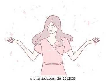 A cheerful woman in a vibrant pink dress joyfully celebrates with colorful confetti, embodying pure happiness