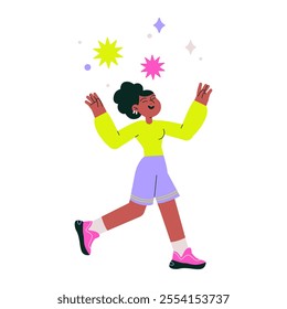 Cheerful Woman Walking With Colorful Stars In Flat Vector Illustration Symbolizing Joy, Happiness, And Celebration, Isolated On White Background.