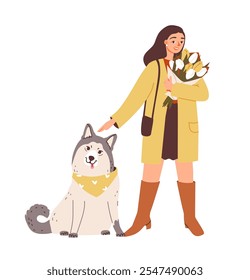 Cheerful woman walking her playful husky, carrying a bouquet of flowers. Happy dog owner. Flat vector illustration.