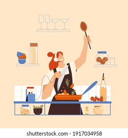 Cheerful woman wearing apron, cooking food in the kitchen, listening to music via smartphone with headphones. Kitchen utensils, fresh vegetables.  Vector illustration in flat style