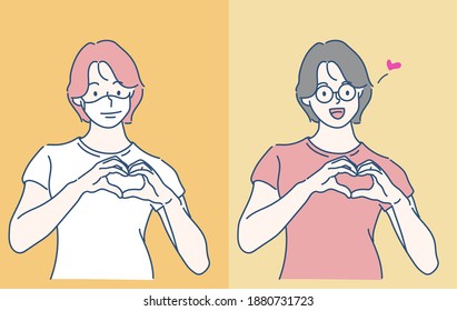 Cheerful woman wearing facial mask and doing heart symbol shape with hands. Hand drawn in thin line style, vector illustrations. (A Mask can be removable)
