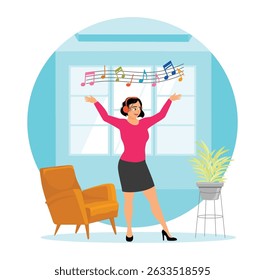 A cheerful woman wearing headphones dances while enjoying nice music to spend the weekend in a bright living room at home. Spending weekend at home concept.