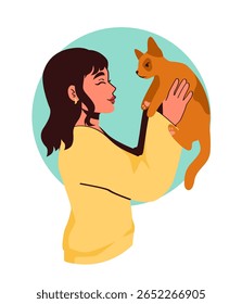 Uma mulher alegre em um suéter amarelo segura um gato marrom enquanto sorri, estilo gráfico plano, círculo turquesa sobre fundo branco. Conceito de amor e ligação de animais. Ilustração vetorial
