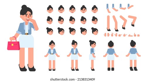 Cheerful woman, young lady creation kit. Create your own action, pose, animation. Modern vector illustration