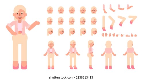 Cheerful woman, young lady creation kit. Create your own action, pose, animation. Modern vector illustration