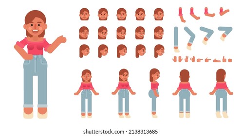 Cheerful woman, young lady creation kit. Create your own action, pose, animation. Modern vector illustration