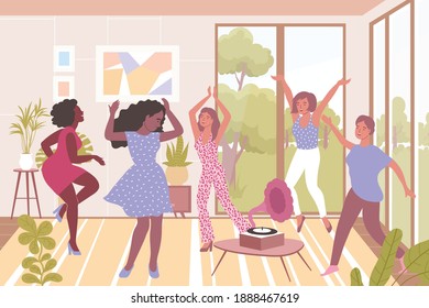 Cheerful women dancing to music flat vector illustration