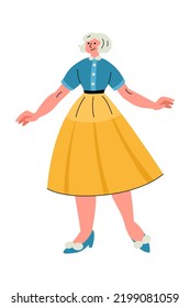 Cheerful women in retro 1960s clothes with open hands. Mid-century modern fashion. Trendy vintage outfit. Yellow skirt, blue blouse, pumps shoes. Smiling female character. Flat hand drawn 