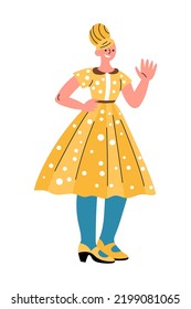 Cheerful Women In Retro 1960s Clothes Standing And Waving Hand. Mid-century Modern Fashion. Trendy Vintage Outfit. Polka Dot Yellow Dress, High Updo Hairstyle. Smiling Female Character