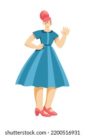 Cheerful Women In Retro 1960s Clothes Standing And Waving Hand. Mid-century Modern Fashion. Trendy Vintage Outfit. Blue Dress, High Updo Hairstyle. Smiling Female Character