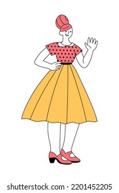 Cheerful Women In Retro 1960s Clothes Standing And Waving Hand. Mid-century Modern Fashion. Trendy Vintage Outfit. Polka Dot Top, Skirt, High Updo Hairstyle. Smiling Female Character