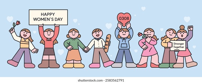 A cheerful Women's Day illustration featuring diverse women celebrating, holding hands, and showing unity. Includes empowering messages like “Stronger Together” and “Happy Women’s Day.” 