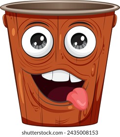 A cheerful wooden bucket character with a playful tongue