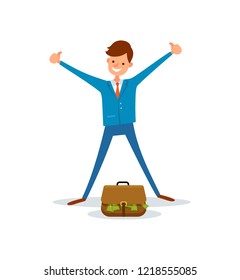 Cheerful worker get bag full of money. Manager stands near briefcase with green dollar banknotes , showing thumb up gestures, cartoon style character