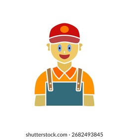 Icono alegre del trabajador con el chaleco y el sombrero, estilo plano simple, Ilustración vectorial, símbolo, pictograma de la Plantilla del logotipo del diseño, para UI o UX aislado en blanco para el App móvil, editable