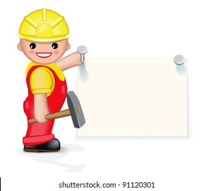 Cheerful worker is nailing paper to the wall. On this paper you can write your text.