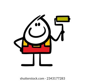 Cheerful worker stands and holds a roller with green paint in his raised hand. Vector illustration of cartoon master of wall painting, painter. Doodle person isolated on white background.