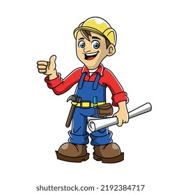 cheerful worker with tools and drawings hands.vector illustration