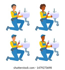 Cheerful workers in a blue uniform and cap with a pipe wrench in their hand. Male, female plumbers kneel near a sink, showing gesture thumb up, smiling. Vector cartoon flat style illustration.