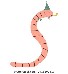 A cheerful worm blows into a festive pipe. Cute holiday cartoon character in simple children's hand drawn style. Vector isolate in pastel vintage palette on white background