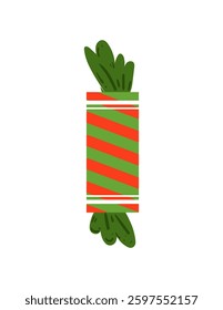 A cheerful wrapped candy ornament with green and red stripes, a charming touch for holiday decor.