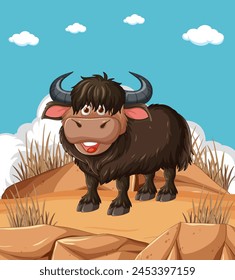 Cheerful yak standing on a rocky terrain