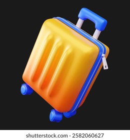 Cheerful yellow 3d cartoon suitcase, vector illustration.