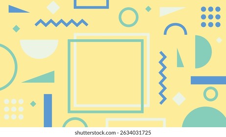 Cheerful yellow background with outlined squares, circles, and dynamic elements in cyan and blue. Ideal for creative and educational visuals.