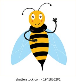 A cheerful yellow bee waves in greeting, isolated on a white background