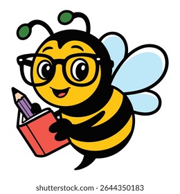 A cheerful yellow and black cartoon bee wearing glasses holds a red book with a purple pencil in its paws The illustration features bold outlines and bright colors creating a playful mood