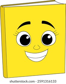 A cheerful yellow book character with large expressive eyes and a bright smile, conveying a fun and engaging reading experience